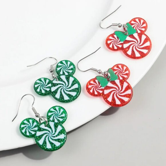 Mickey Mouse Green Peppermint Swirl Dangle Drop Earrings NEW - Picture 5 of 5